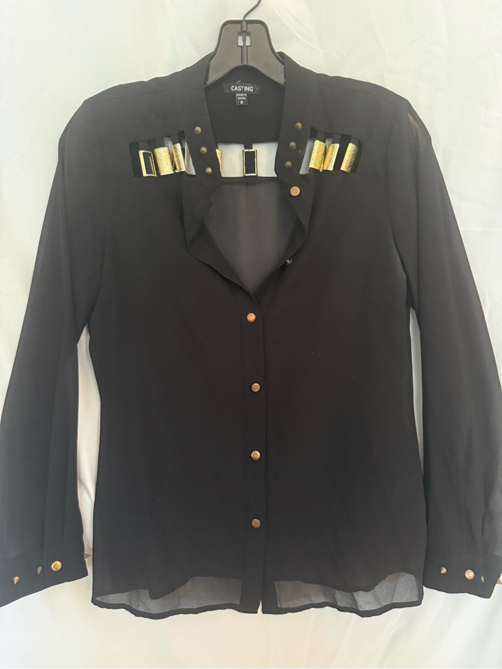 Casting Black Button-Down Blouse with Gold Accent Trim